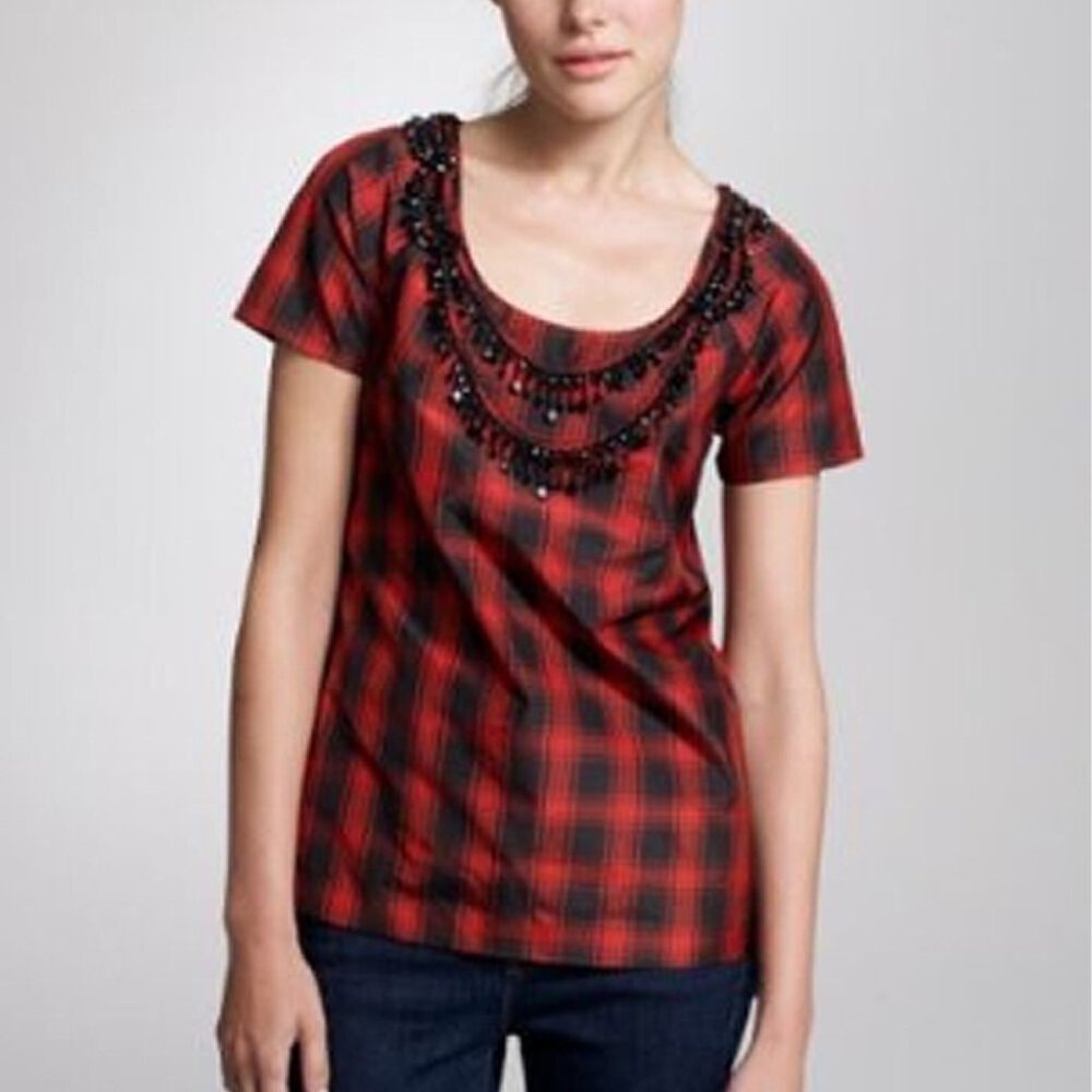 J. Crew Red and Black Plaid Eliza Blouse with Beaded Collar, 2